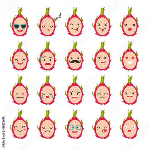 Dragon fruit emiji vector set. Tropical fruit character isolated on white background. Funny positive and friendly pitaya emoticon face icon