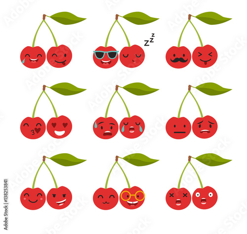 Emoji cherry vector. Cartoon cute fruit emoticons. Cherry characters whith funny faces stickers, flat cartoon style. Isolated on white background