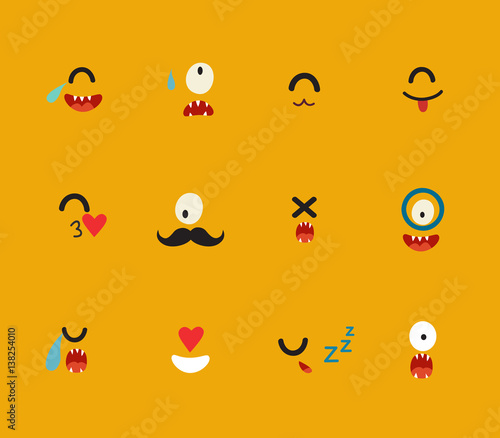 Emoticons vector template. Emoji funny cyclops face icons. Cute emoji template  cartoon style. Cute cyclops vector set. Cartoon funny emoticons. Monsters caracters  flat cartoon style.