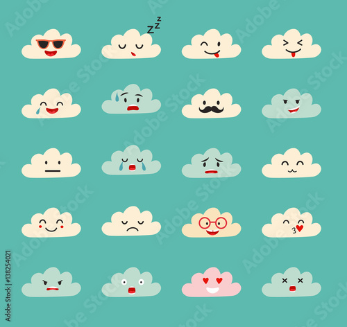 Fototapeta Naklejka Na Ścianę i Meble -  Emoji clouds vector. Cute smily clouds with faces vector set. Cartoon funny emoticon. Flat cartoon style stickers. Isolated on blue sky background