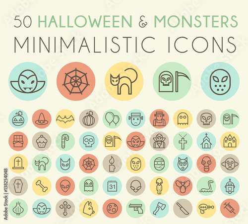 Set of Isolated Universal Minimal Simple Thin Line Halloween and Monster Icons on Circular Color Buttons