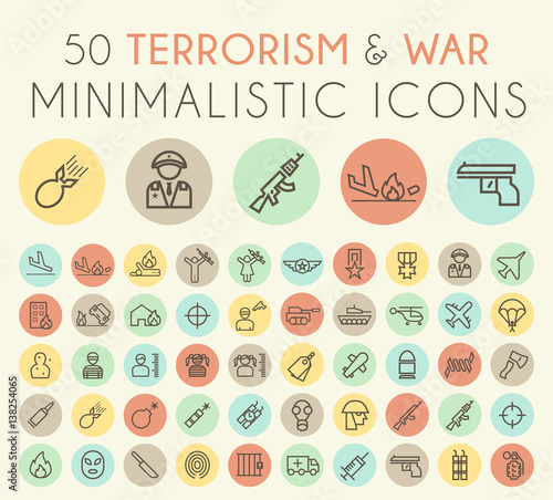 Set of Isolated Universal Minimal Simple Thin Line Terrorism and War Icons on Circular Color Buttons