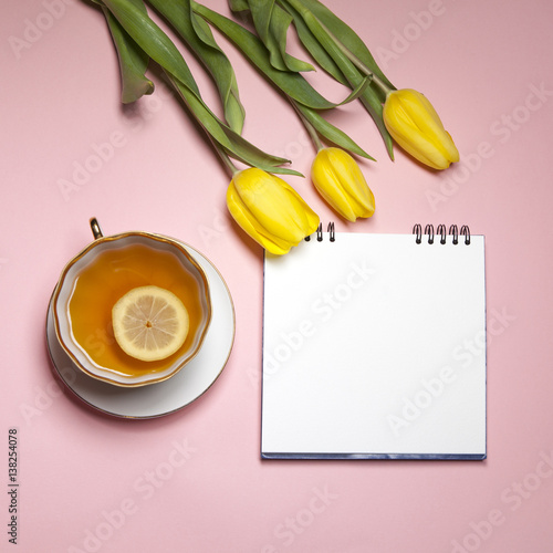 Fototapeta Naklejka Na Ścianę i Meble -  Yellow tulips on a pink background