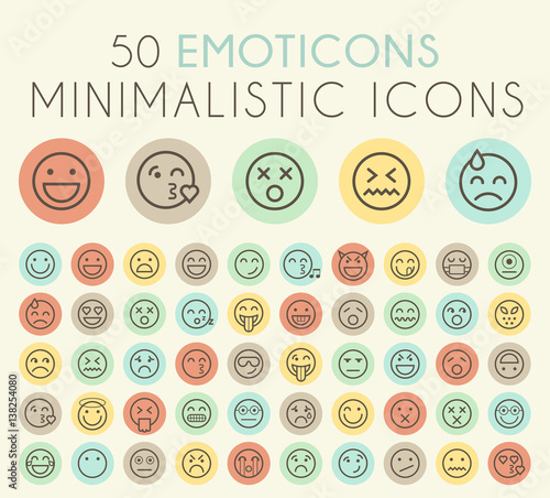 Set of Isolated Universal Minimal Simple Thin Line Emoticons on Circular Color Buttons