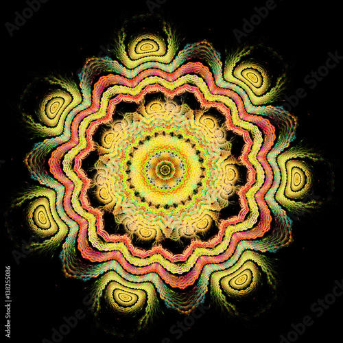 Space flower. Colored circles. Deformation time. 3D surreal illustration. Sacred geometry. Mysterious psychedelic relaxation pattern. Fractal abstract texture. Digital artwork graphic astrology magic