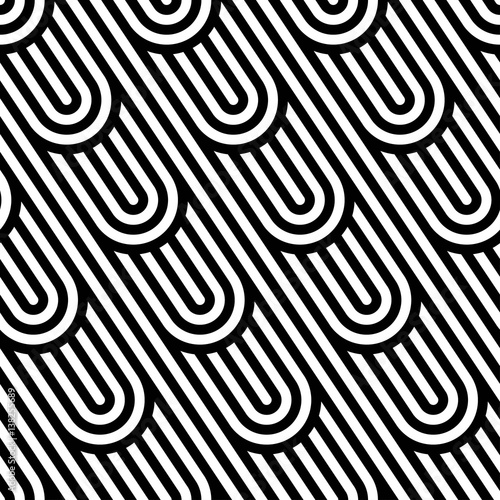 ps368Vector seamless pattern. Modern stylish texture. Monochrome geometrical pattern. Curved bands on a background of oblique lines.