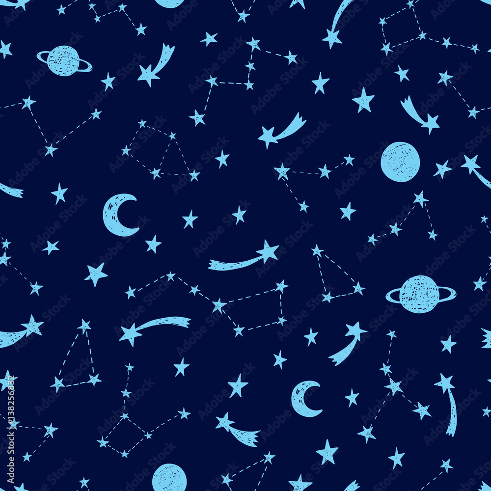 Stylized night sky seamless pattern.
