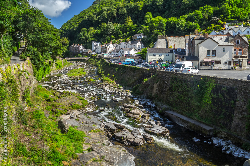View of the village of Lynmouth. East Lyn River. Clear weather. The day and the sun. North Devon. UK View of the village of Lynmouth. East Lyn River. Clear weather. The day and the sun. North Devon. UK