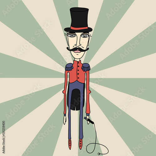 Tiger tamer in coat and hat with a whip