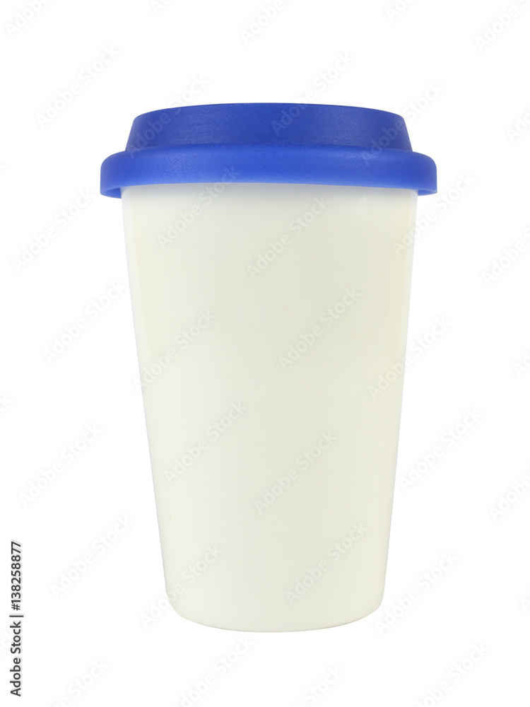White porcelain container for coffee or hot drinks covered with its blue lid, isolated on white White porcelain container for coffee or hot drinks covered with its blue lid, isolated on white