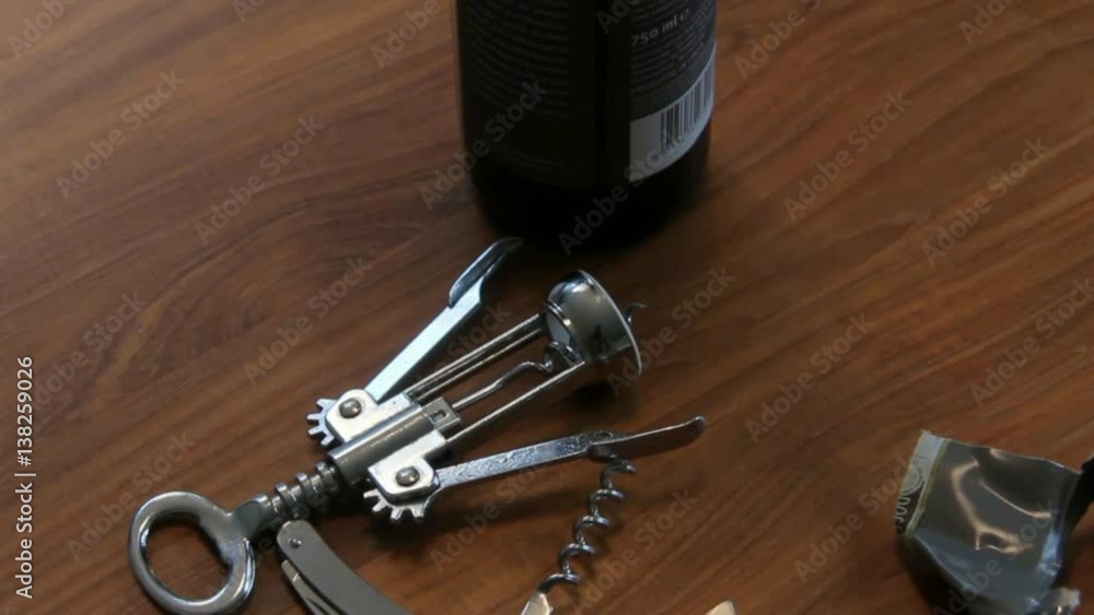 Red Wine Bottle , Various Corkscrews and a Cork Red Wine Bottle , Various Corkscrews and a Cork