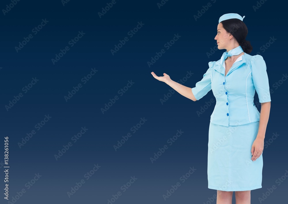 Travel agent showing against a dark blue background Travel agent showing against a dark blue background