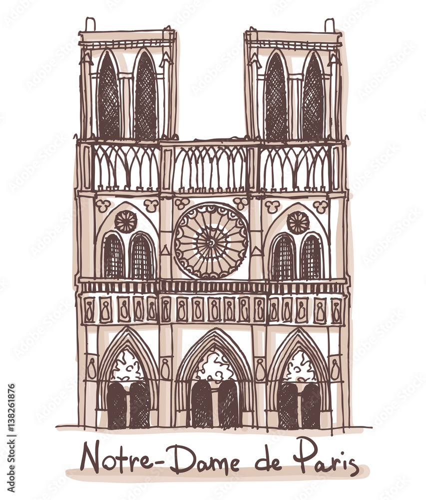 Hand drawn sketch of the Notre-Dame de Paris, France. Vector drawing isolated on white background