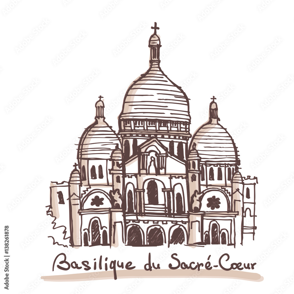 Hand drawn sketch of The Basilica of the Sacred Heart of Paris, France. Vector drawing isolated on white background