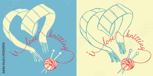 I love knitting postcard. Outline vector illustration of heart-shaped scarf, yarn and knitting needles.