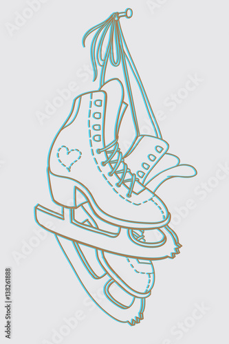 Pair of ice skates hanging on the nail. Line art drawing.  photo