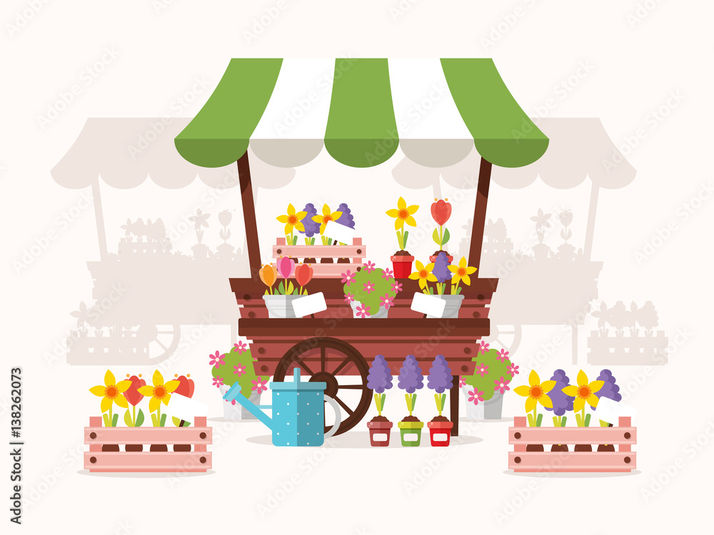 Fototapeta premium Flower Stand with Spring Flowers. Flat Design Style. 