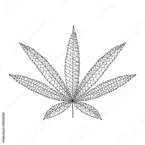 Hemp Cannabis Leaf in zentangle style. Marijuana ornamental silhouette.