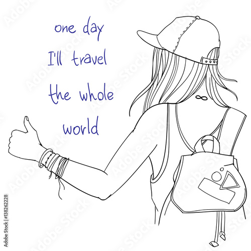 Vector line art illustration - hitchhiker girl with backpack trying to hitch a lift with thumb up, back view, with words "one day I'll travel the whole world"