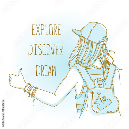 Hitchhiker girl with backpack trying to hitch a lift with thumb up. Back view with words "Explore. Discover. Dream"