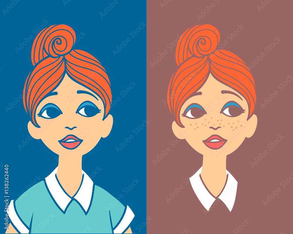 Portrait of young red haired woman with high bun hairstyle. Portrait of young red haired woman with high bun hairstyle.