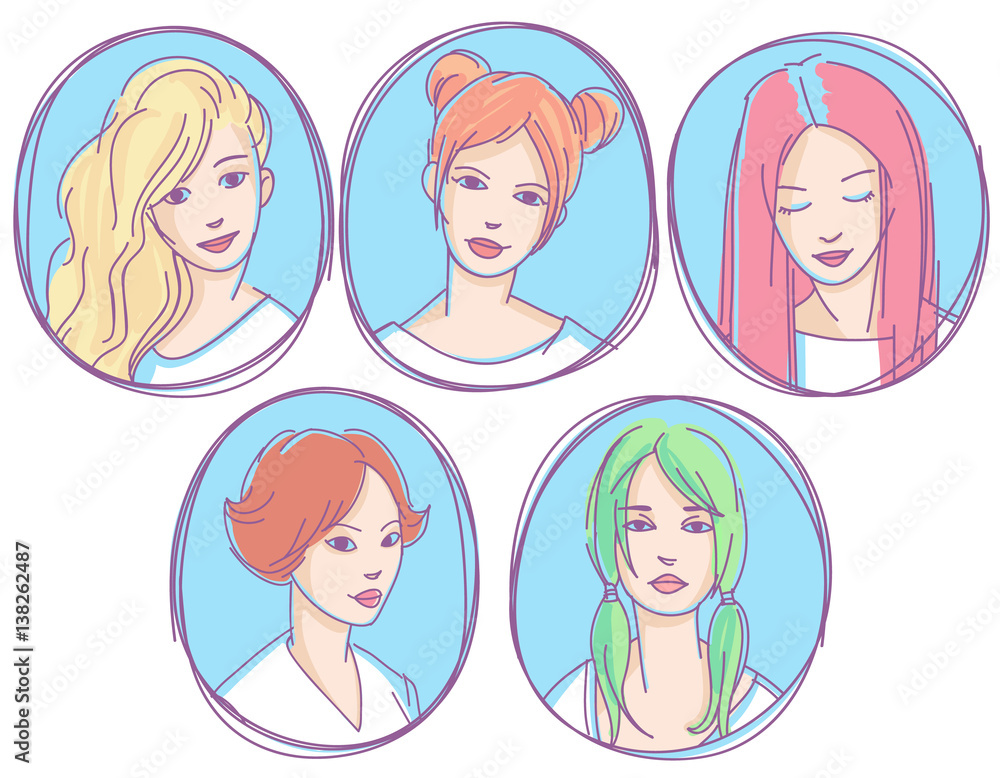 Set of hand drawn sketchy portraits, avatars, icons . Young women with different hairstyles Set of hand drawn sketchy portraits, avatars, icons . Young women with different hairstyles