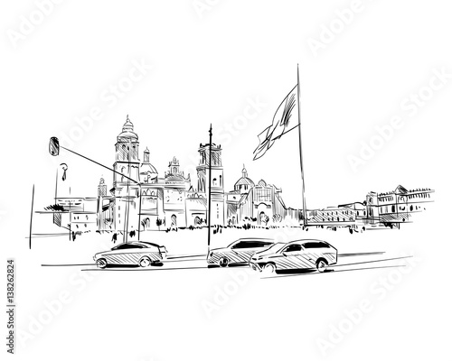 Mexico. Constitution Square.Cathedral of the Assumption of Mar. Hand drawn vector illustration.