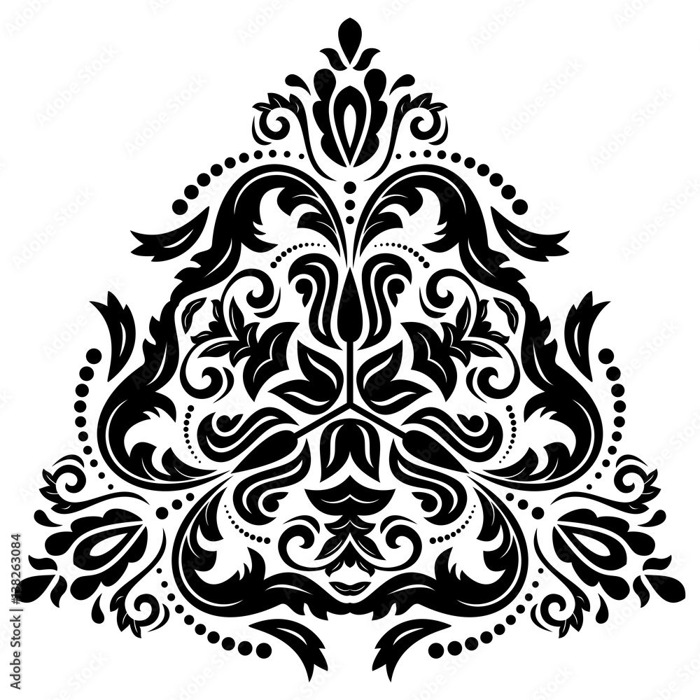 Oriental pattern with arabesques and floral elements. Traditional classic triangular ornament. Black and white pattern