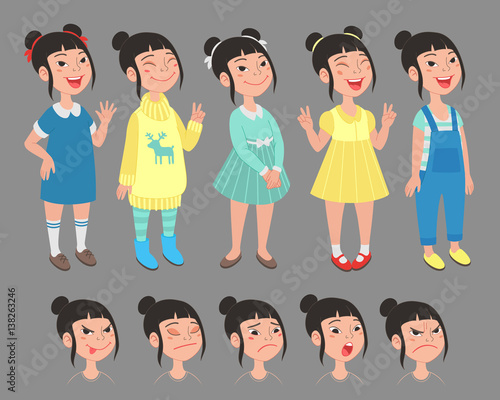 Cute cartoon school girl character full body portrait. Set of different outfits, standing poses and facial expressions. 