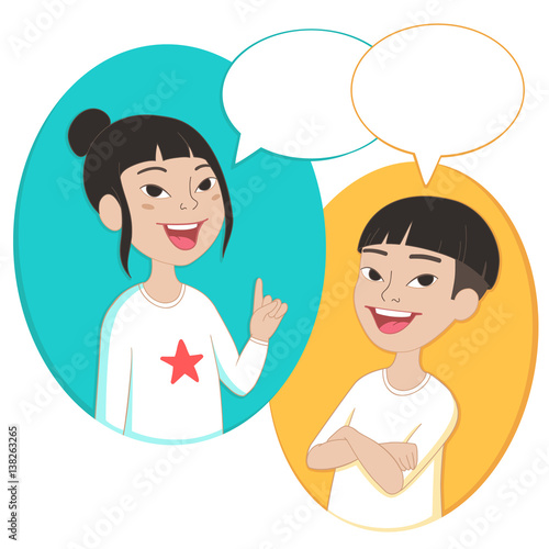 Two cartoon style asian kids with comics speech bubbles. School girl and boy talking, asking and answering questions, advising, helping.