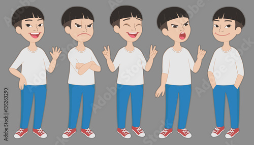 Cartoon school boy character full body portrait. Set of different standing poses and facial expressions. 