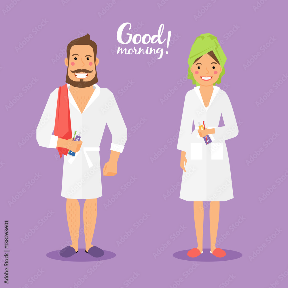 Image on theme of hygiene -parents after morning procedures Image on theme of hygiene -parents after morning procedures