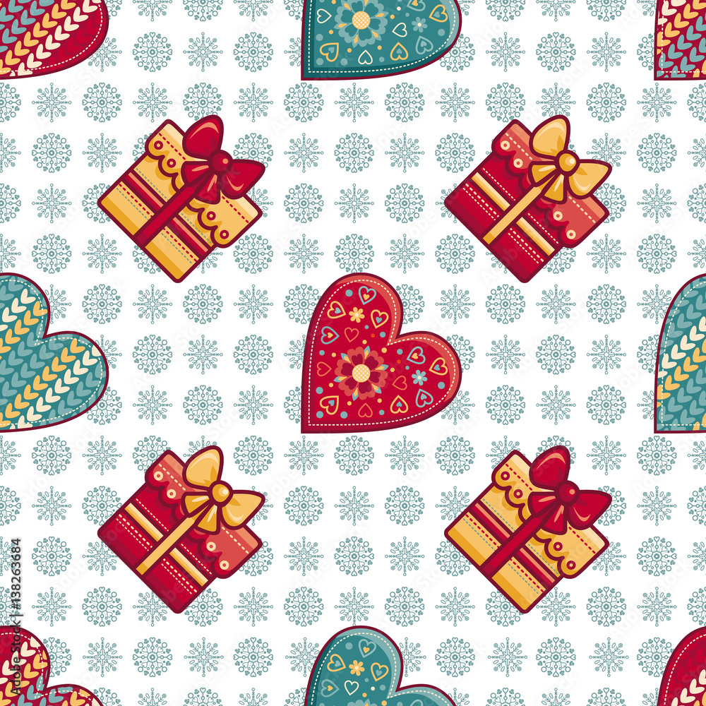 Christmas background. Hearts and gift box. Seamless pattern. Colorful vector Christmas background. Hearts and gift box. Seamless pattern. Colorful vector