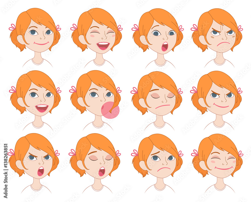 Cute red-haired girl with pigtails. Facial emotions and expressions set. Cartoon school kid avatars. Cute red-haired girl with pigtails. Facial emotions and expressions set. Cartoon school kid avatars.