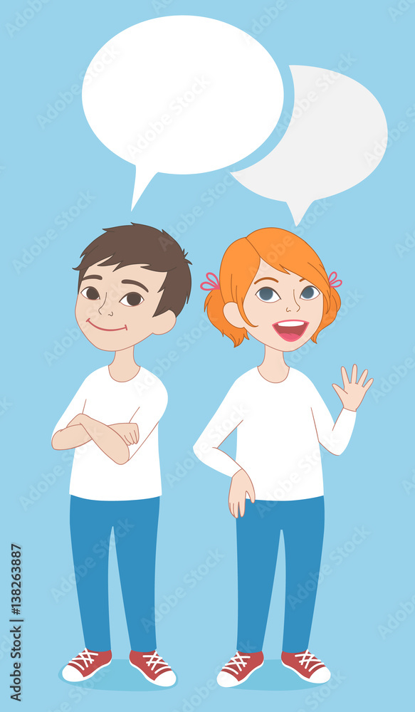 Two cartoon style kids with comics speech bubbles. School girl and boy  talking, asking and answering questions, advising, helping. Stock Vector |  Adobe Stock