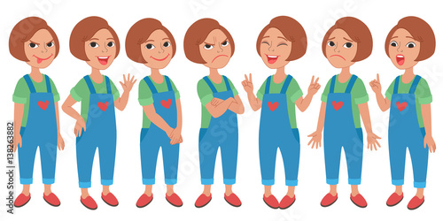 Cartoon school girl character full body portrait. Set of different standing poses and facial expressions. 