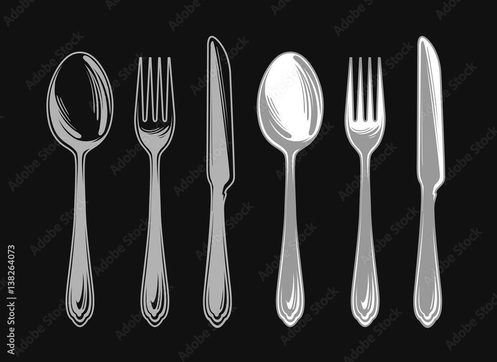 Set of fork, spoon and knife. Cutlery tableware. Elements for design menu restaurant or cafe, diner. Vector illustration Set of fork, spoon and knife. Cutlery tableware. Elements for design menu restaurant or cafe, diner. Vector illustration