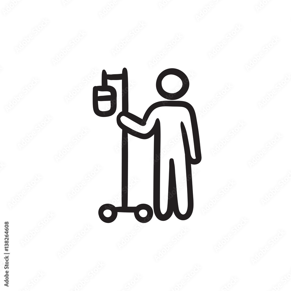 Patient with intravenous dropper sketch icon.