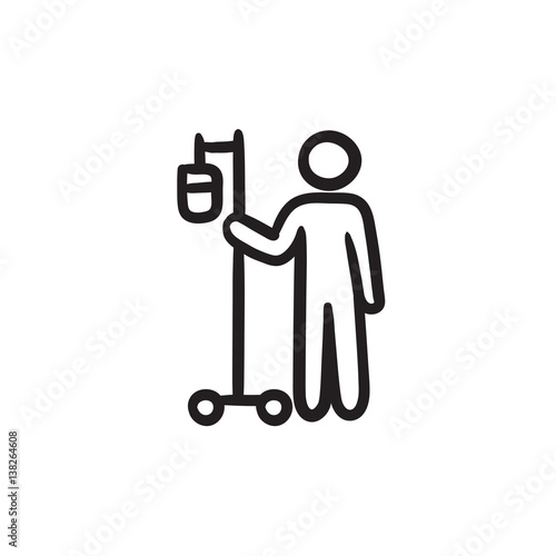 Patient with intravenous dropper sketch icon.