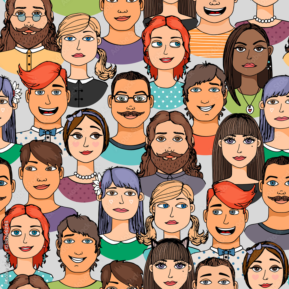 Cartoon colored faces crowd doodle hand-drawn seamless pattern