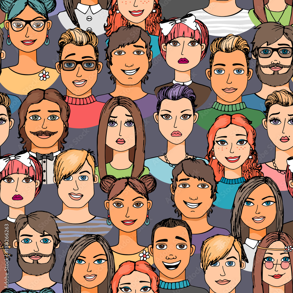 Cartoon colored faces crowd doodle hand-drawn seamless pattern