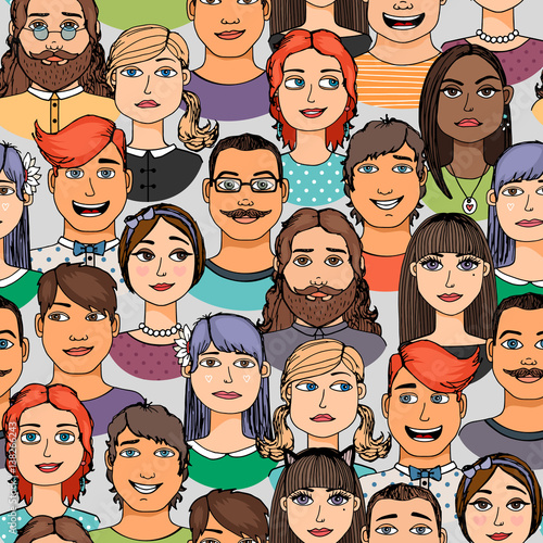 Cartoon colored faces crowd doodle hand-drawn seamless pattern © ianakauri