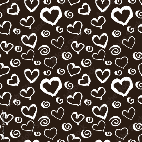 Black and white grunge hearts print seamless pattern, vector background