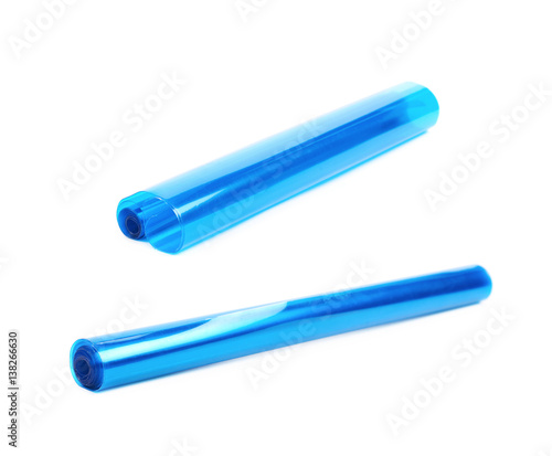 Roll tube of transparent blue plastic