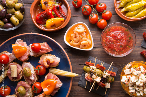 Top view of spanish tapas starters