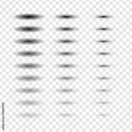 Vector oval shadow set. Transparent and gradient effect with soft edge isolated on check background.