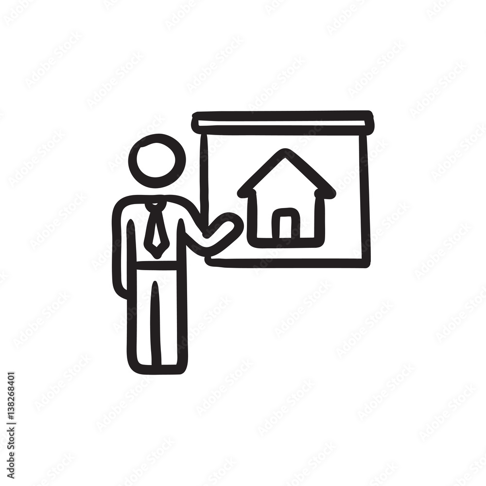 Real estate agent showing house sketch icon. Real estate agent showing house sketch icon.