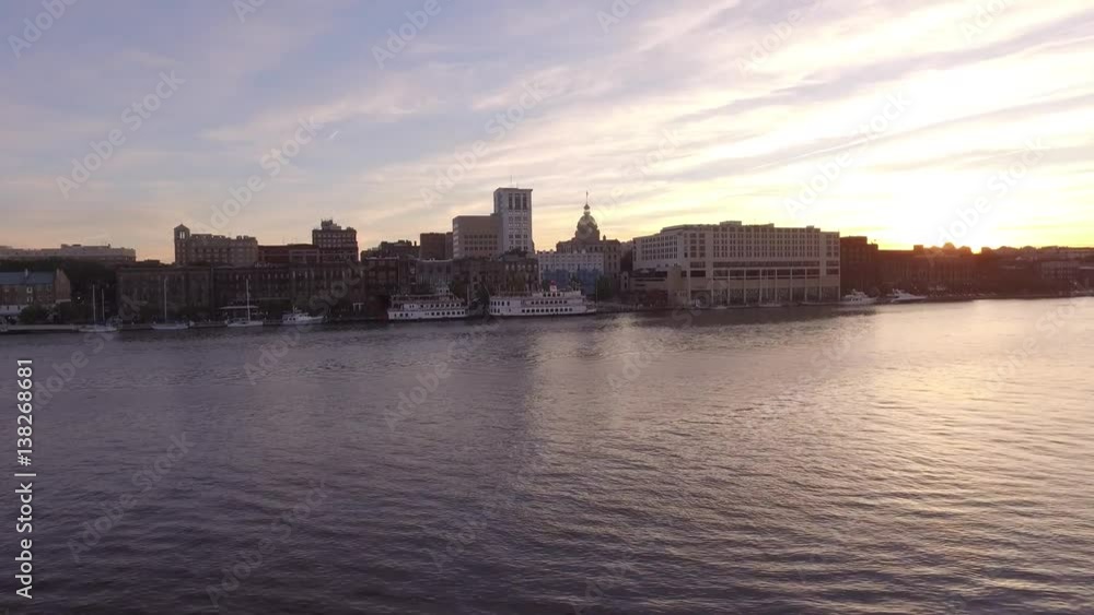 Aerial Shot Moving Straight Across River to the Capital Building in Savannah, GA Aerial Shot Moving Straight Across River to the Capital Building in Savannah, GA