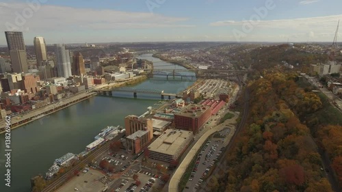 Aerial Shot of Station Square Turning to Reveal Downtown Pittsburgh in Autumn