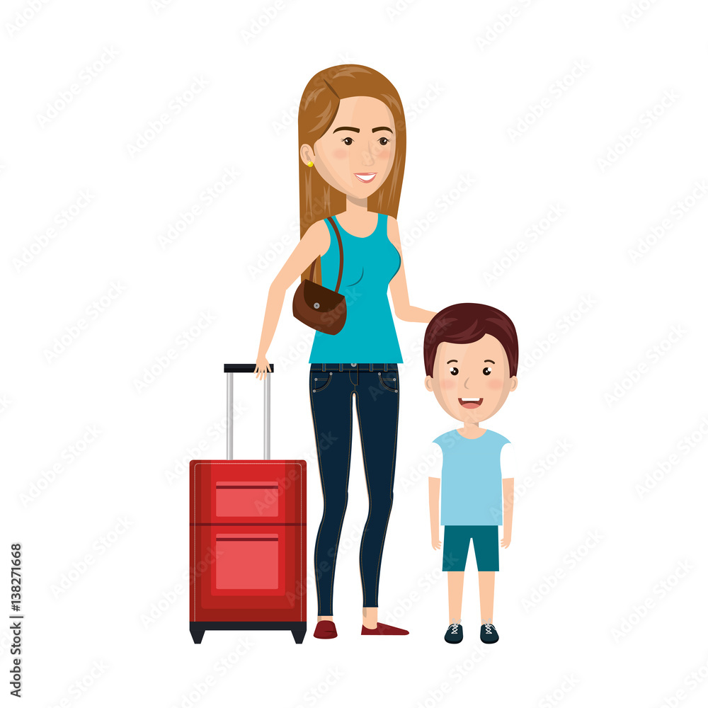 cartoon woman with travel briefcase and boy vector illustration cartoon woman with travel briefcase and boy vector illustration